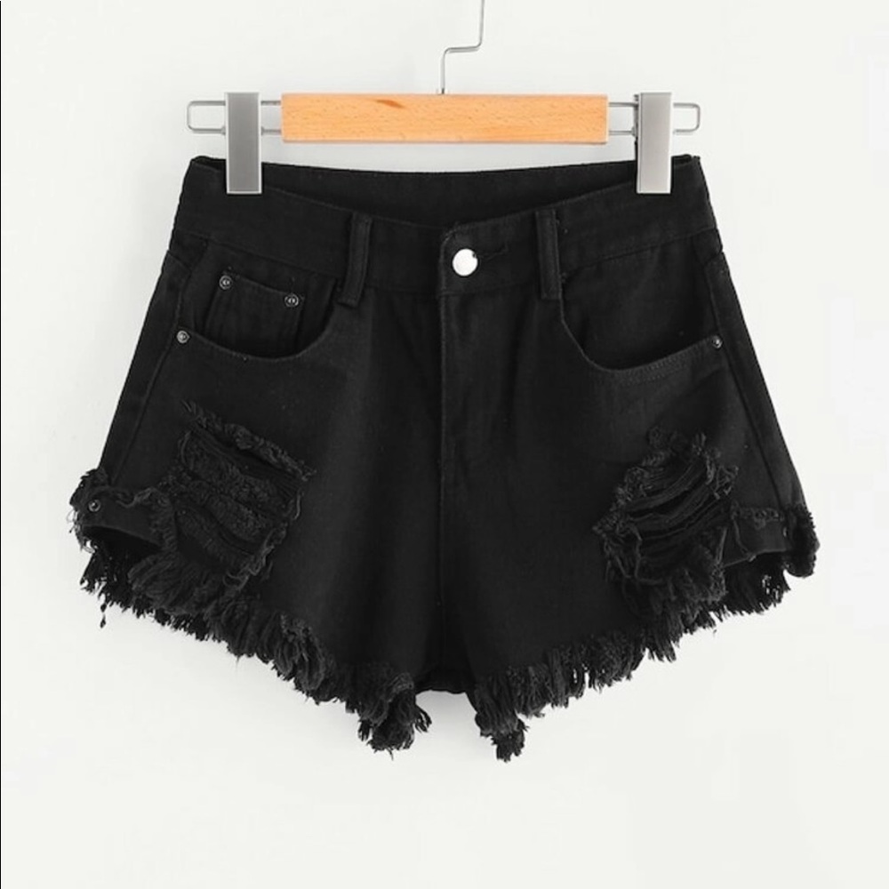Black ripped denim shorts